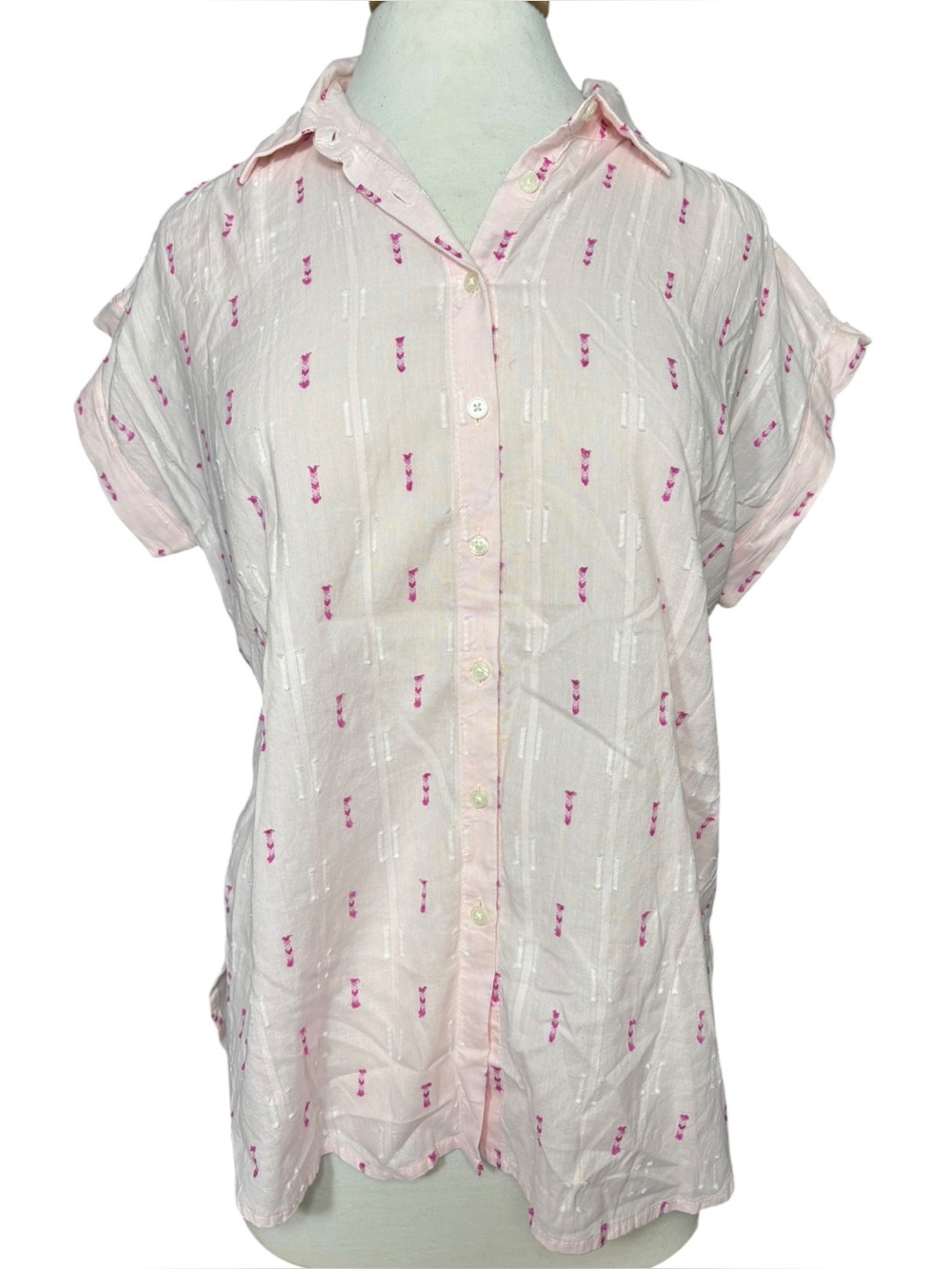 LOFT Pink Embroidered Dobby Dot Short Sleeve Collared Shirt (Size S) - Picture 2 of 4